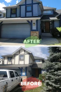 yellow stucco painted (before photo) and after photo (light blue stucco)